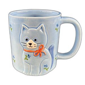 VTG Otagiri Japan Blue Cat With Floral Accents Pink Ribbon Hot/Cold Beverage Mug